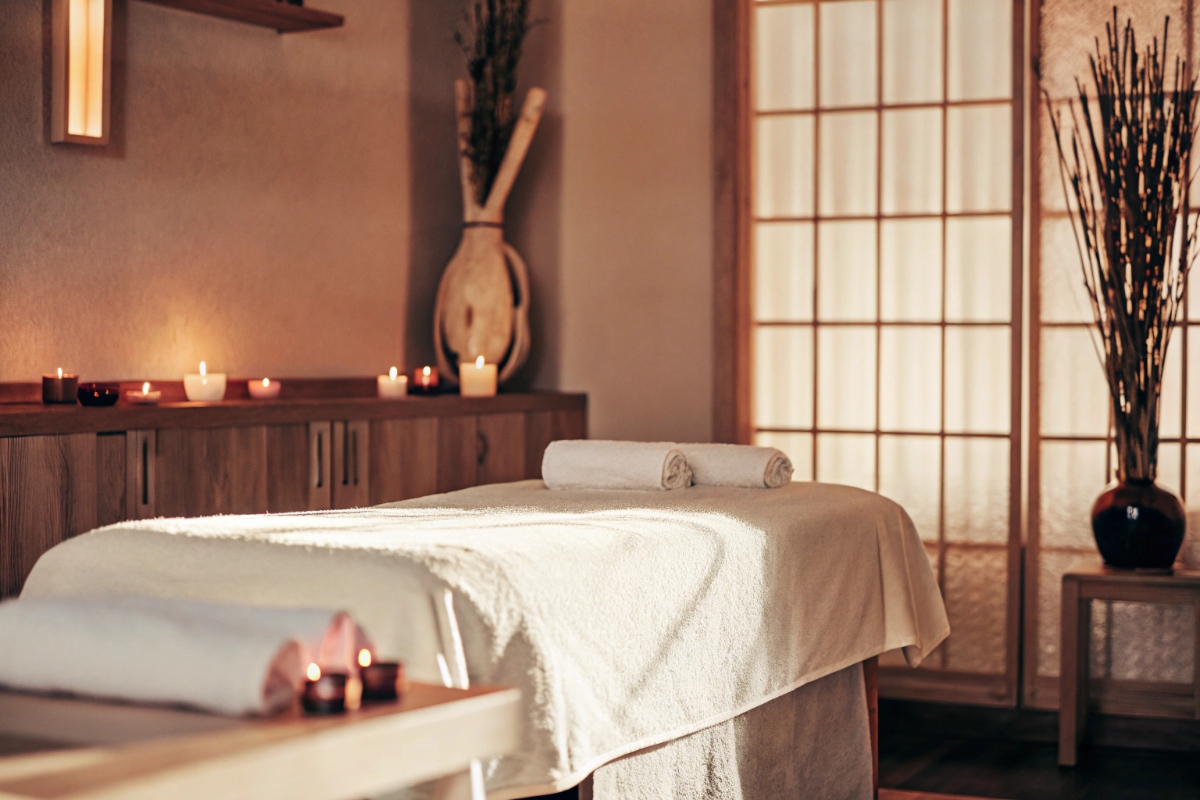 Ayurveda Spa Raum in Hamburg — gemütliche Atmosphäre mit Kerzen und warmen Farbtönen